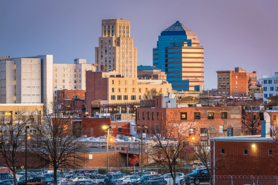 city view of Downtown Durham brick buildings 